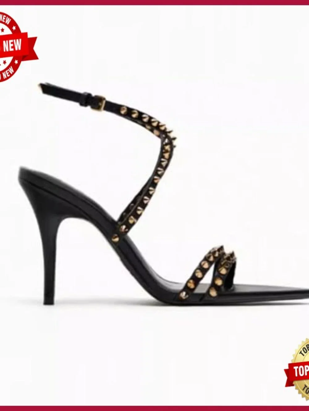 Open Toe Stiletto Heels with Adjustable Ankle Strap and Stud Details